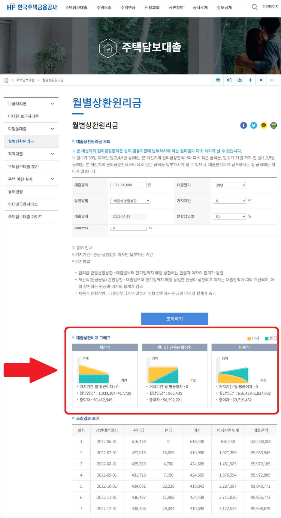 한국주택금융공사 계산기 화면