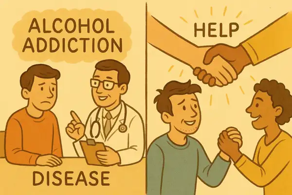 알코올 중독을 질병으로 인식하고 의사와 상담하거나, 도움의 손길을 통해 희망을 찾는 사람들의 모습이 담긴 2패널 일러스트