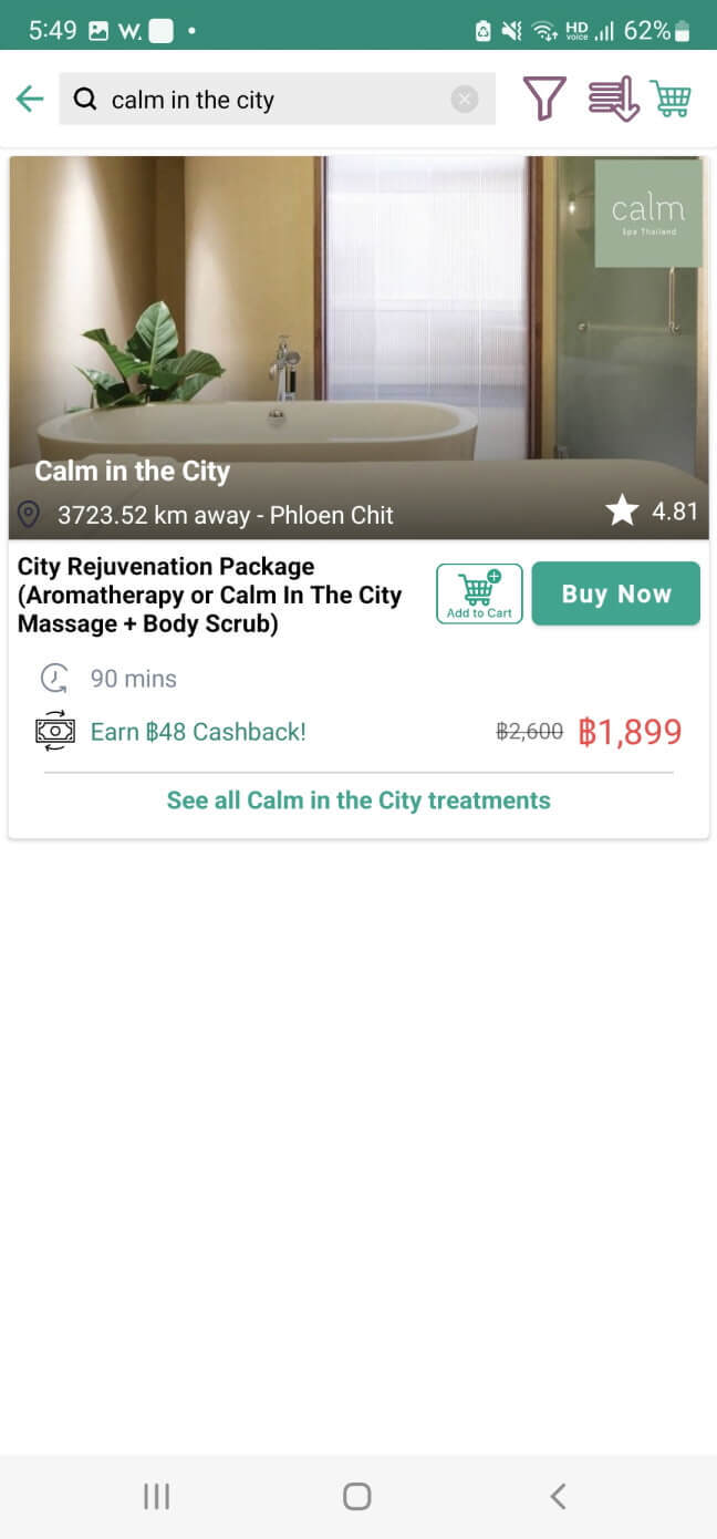 Gowabi 앱에서 Calm in the City 라는 샵을 검색한 화면.