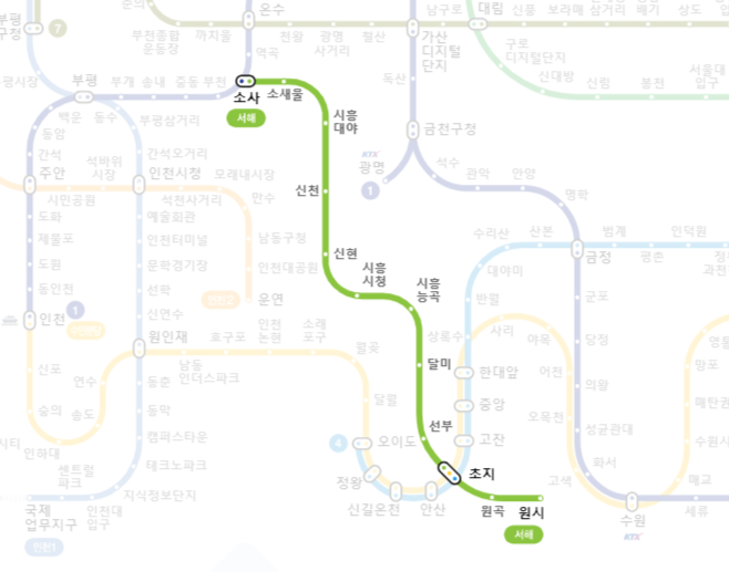  서해선 시간표, 노선도 : 신천역, 초지역, 소사역, 시흥대야역, 시흥시청역, 원곡, 원시역