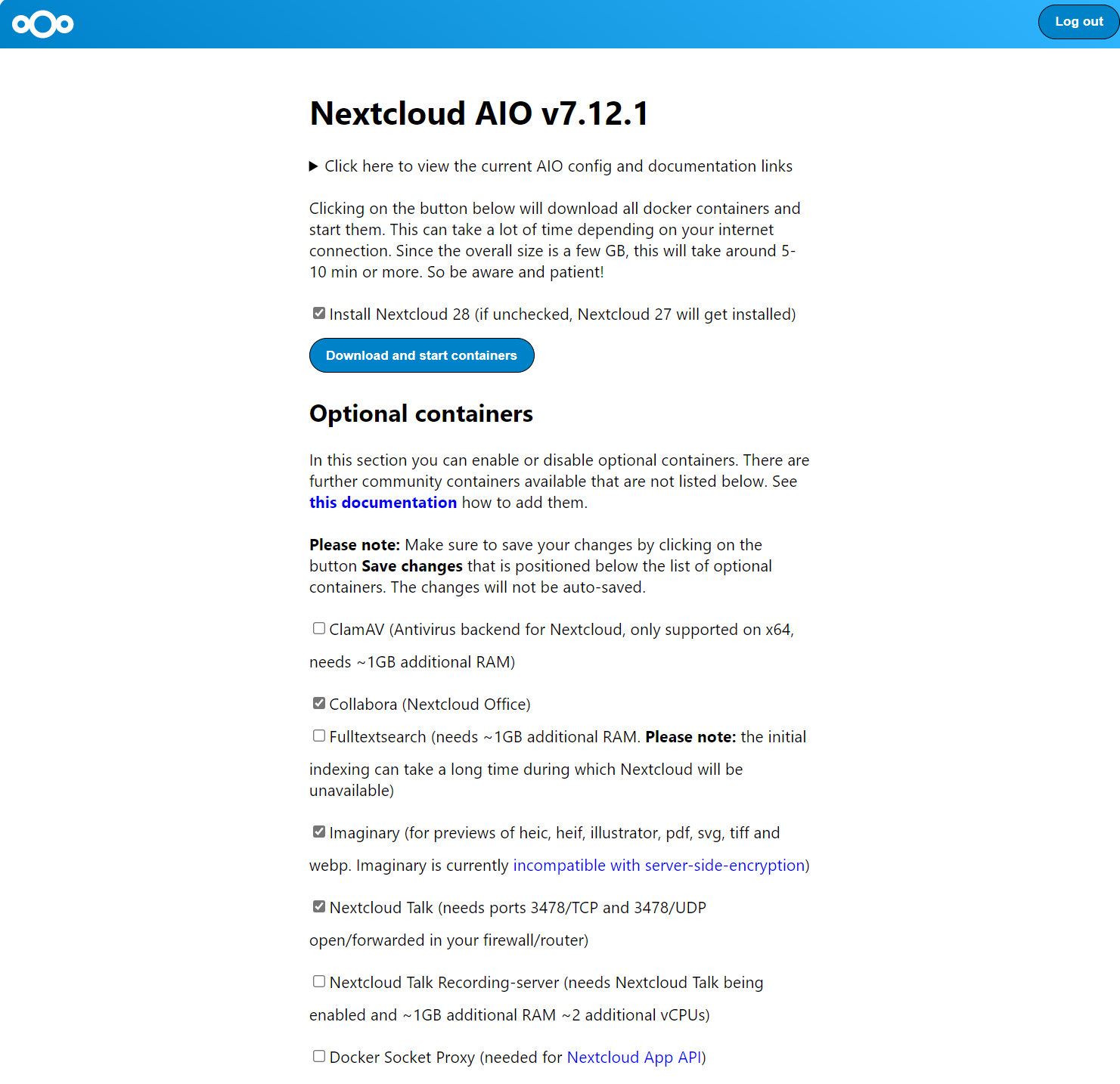 Install Nextcloud 28 체크박스 선택 후 Download and start containers 버튼 클릭