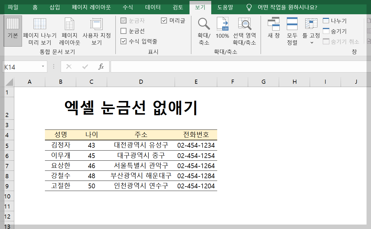 엑셀 눈금선 없애기