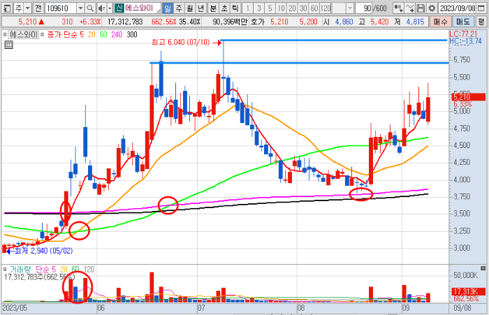 에스와이 주가 일봉 차트 분석 (2023년 9월 8일)