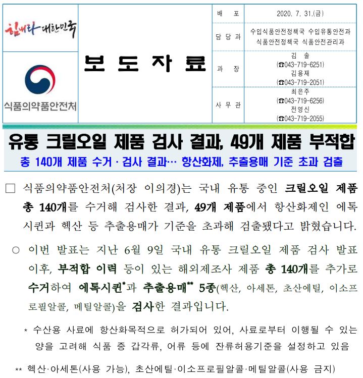  식약처 크릴오일 부적합제품 명단