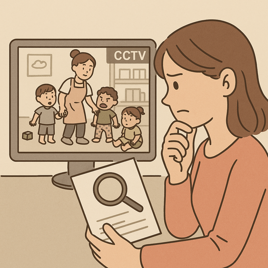 어린이집 CCTV 화면을 보며 걱정하는 표정으로 모니터 앞에 앉아 있는 엄마