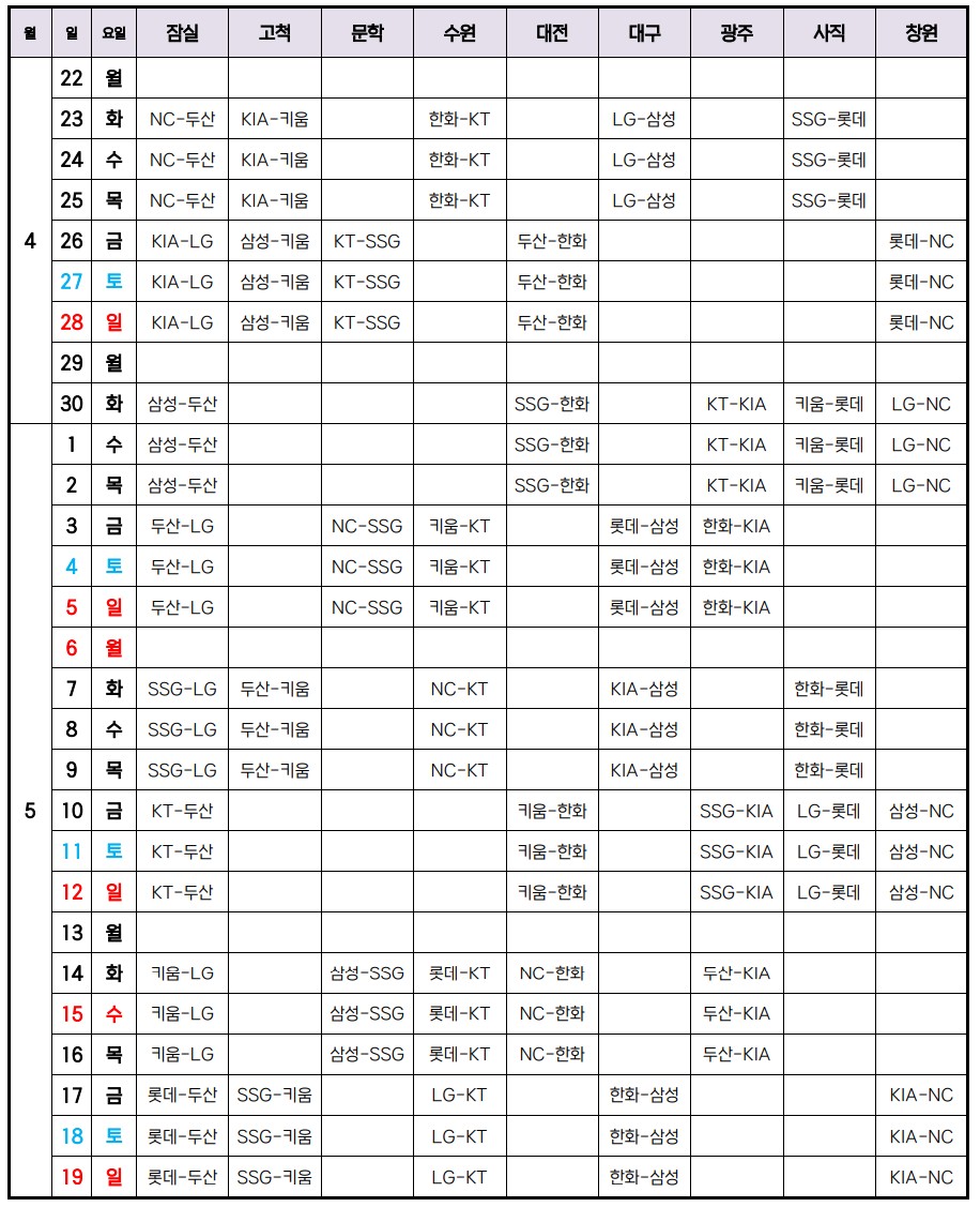 2024 KBO 프로야구 시즌 개막 경기일정 참가팀 일정표 규정