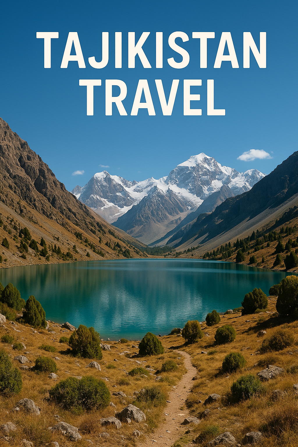 타지키스탄(Tajikistan)의 파미르 산맥(Pamir Mountains)을 배경으로 에메랄드빛 호수와 황금빛 초원이 어우러진 절경을 담은 이미지입니다.