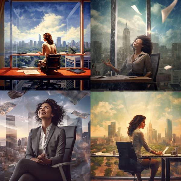 /imagine prompt: happy&amp;#44; woman&amp;#44; office&amp;#44; sitting&amp;#44; desk&amp;#44; glass&amp;#44; skyline --v 5.1