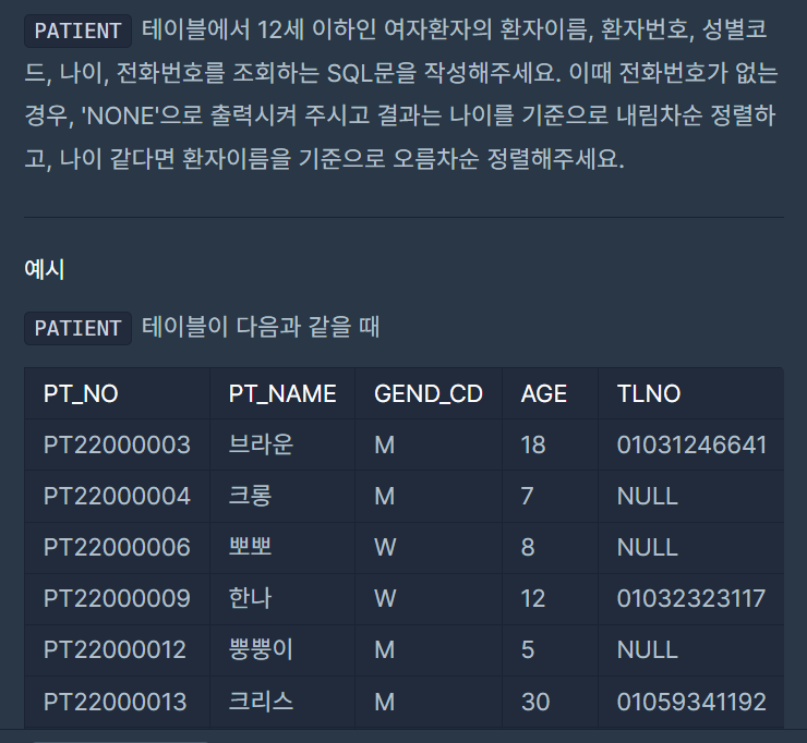  SQL) 12세 이하인 여자 환자 목록 출력하기 - Oracle