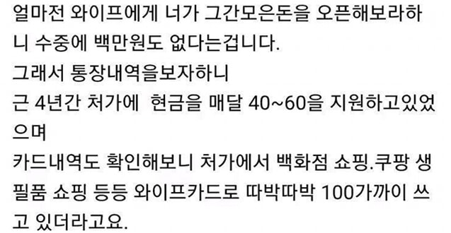 남편 몰래 매달 처가에 용돈 보낸 와이프 3