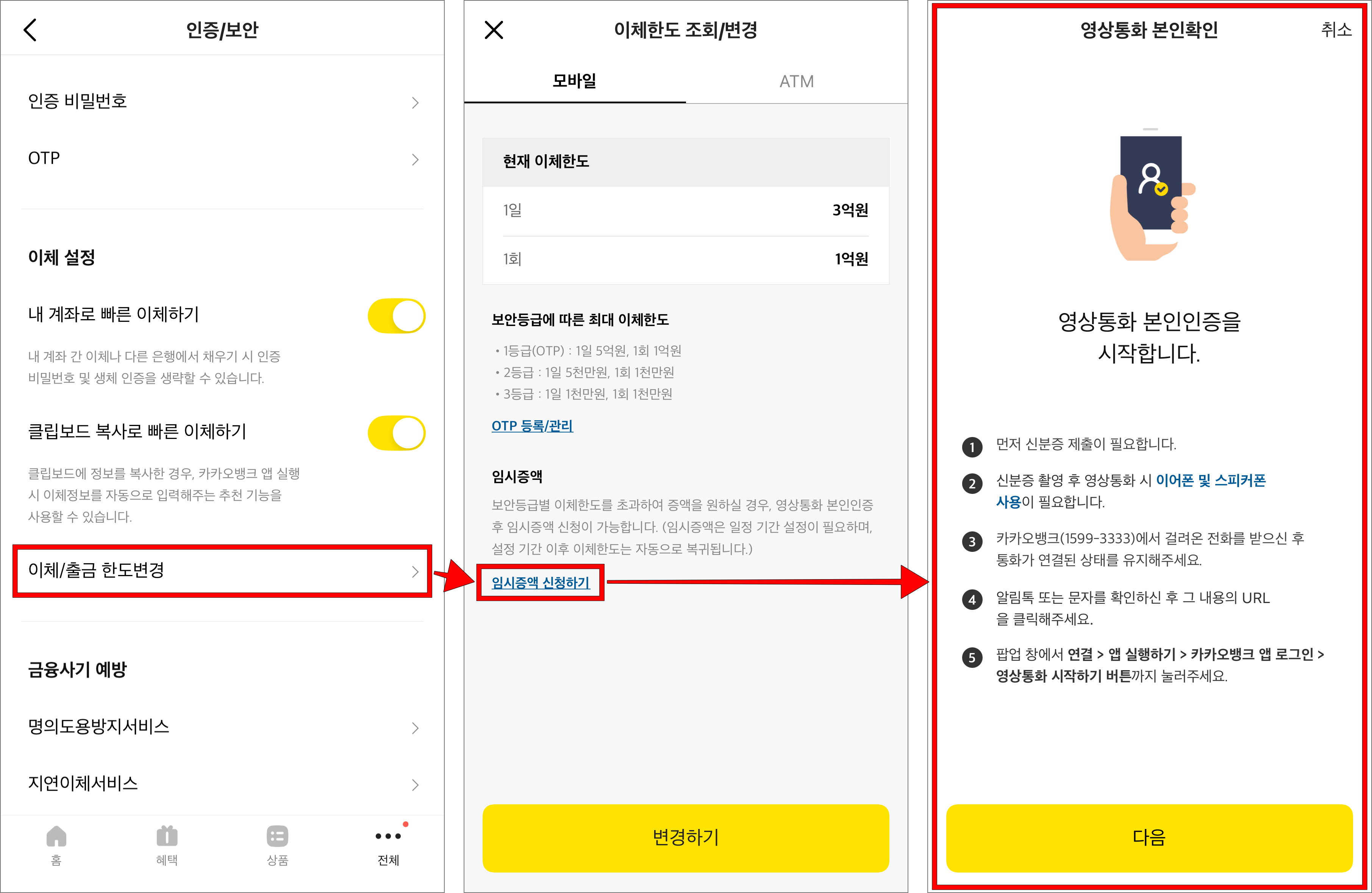 카카오뱅크 앱의 인증/보안 메뉴에서 '이체/출금 한도변경'을 선택한 후 접속된 화면의 '임시증액 신청하기'를 선택하고, 영상통화 본인인증을 진행