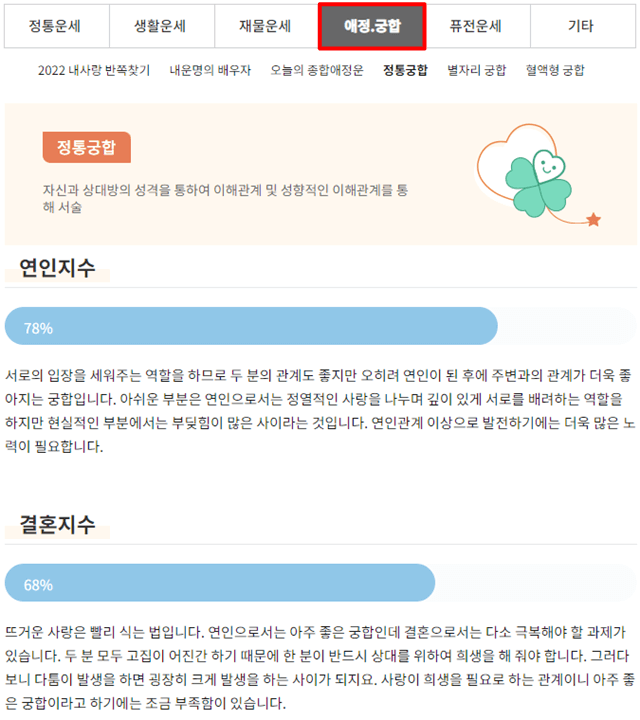 농협 무료운세 정통궁합 애정운 결과