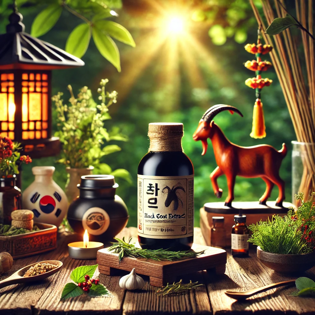 흑염소 엑기스 병이 나무 테이블 위에 놓여 있는 모습. 테이블 주변에는 신선한 약초와 한국 전통 장식이 배치되어 있으며, 따뜻한 빛이 병을 비춰 건강과 활력을 강조합니다. 자연스럽고 전통적인 건강 제품의 느낌을 전달합니다.
