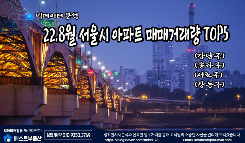  22.8월 서울시(강남/서초/송파/강동) 아파트 매매거래 순위 분석 !!!