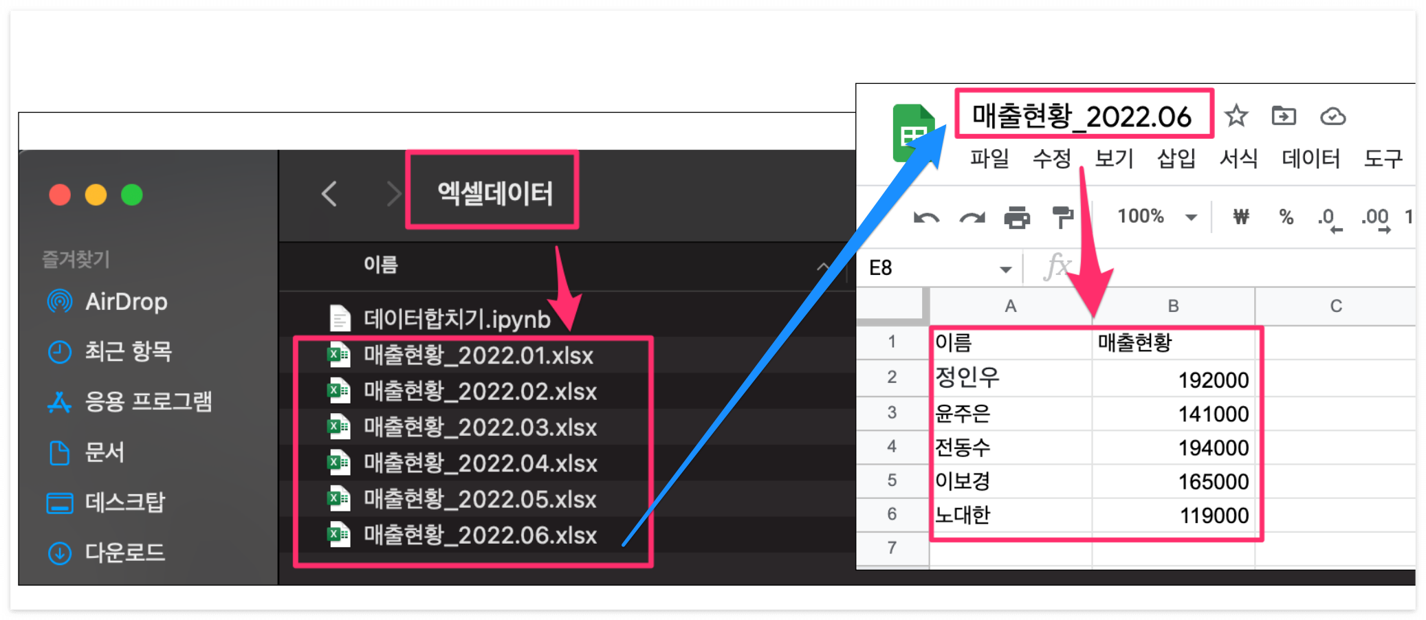 한 폴더 내에 엑셀파일이 월별로 되어 있음