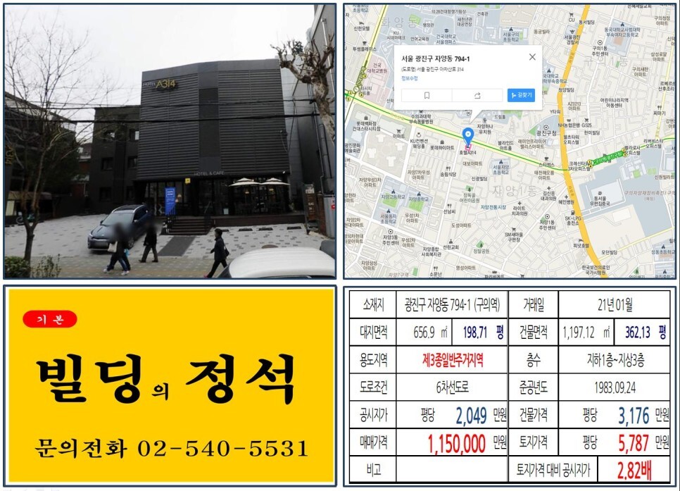  [광진구 건국대학교 100억 꼬마빌딩 실거래가 조회] 자양동 794-1 (구의역) 115억  원, 평당 5,787만 원 매매되었습니다. 구의자양