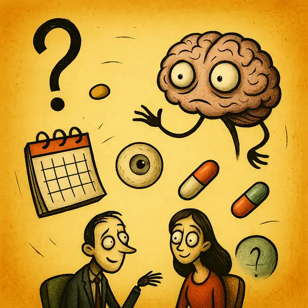 물음표 아이콘, 의인화된 뇌, 캘린더, 약, 눈동자 등 ADHD 관련 상징 요소들이 밝은 배경에 팀 버튼풍 감성으로 배치된 FAQ 안내 일러스트