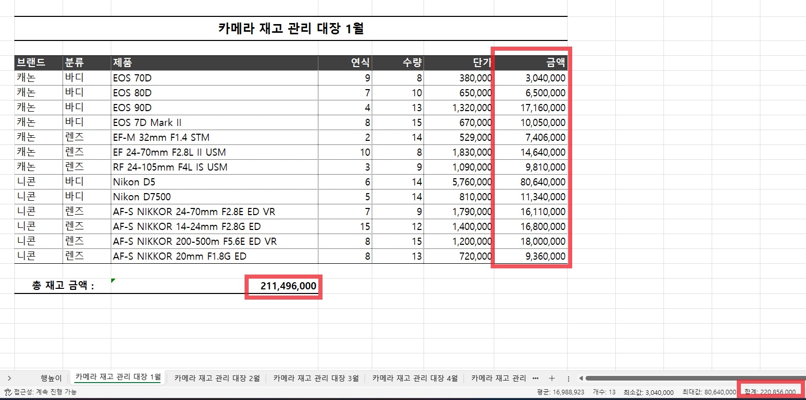 엑셀 공부 엑셀 기초 엑셀파일 상태표시줄 합계로 빠른 검토 하는 방법