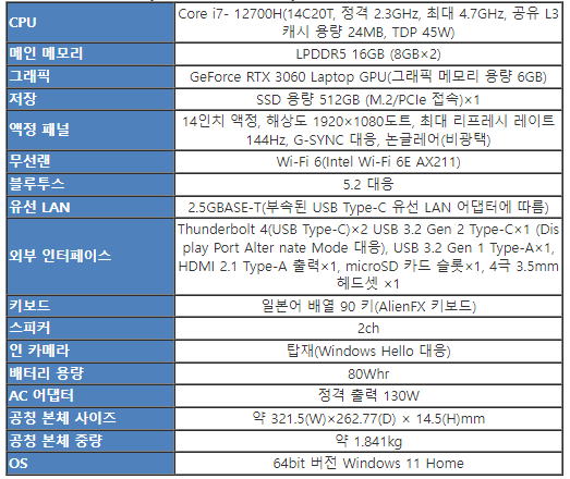 Alienware x14(플래티넘&#44; 시용기 구성)의 주요 스펙