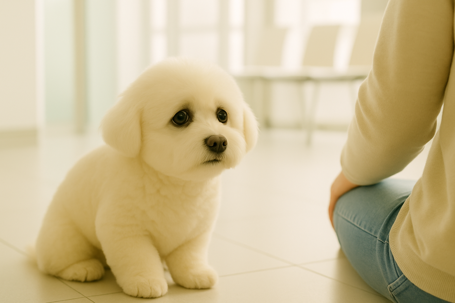 낯선 공간에서 불안한 눈빛으로 보호자에게 시선을 고정하는 미니비숑 강아지 / A nervous-looking Bichon Frise staring at its owner in a veterinary waiting room