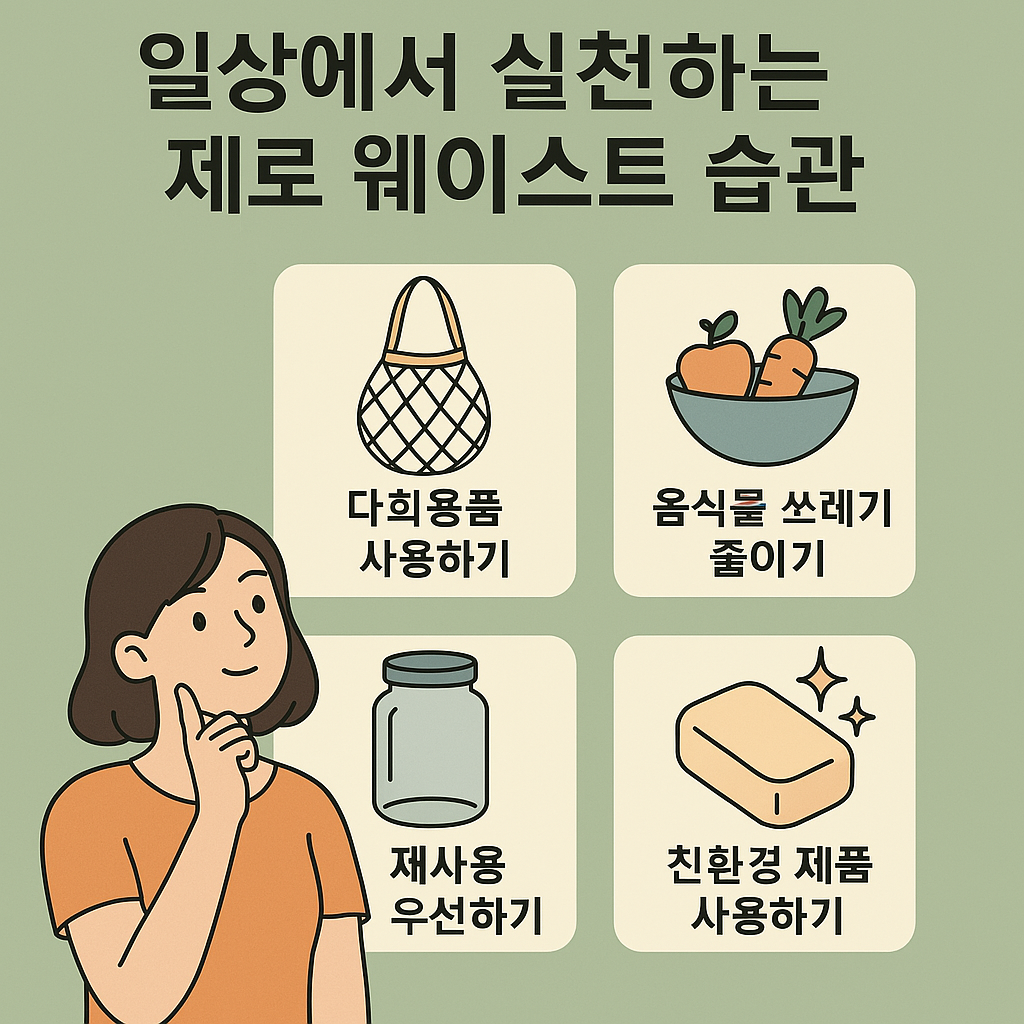 제로 웨이스트 실천 방법을 설명하는 인포그래픽. 재사용 가능한 장바구니, 텀블러 사용, 음식물 쓰레기 줄이기, 리필 스테이션 이용, 친환경 제품 선택 등의 아이콘과 함께 각 실천 방법이 간단한 설명과 함께 배치되어 있음. 깔끔한 평면 디자인 스타일로 제작되어 가독성이 높음