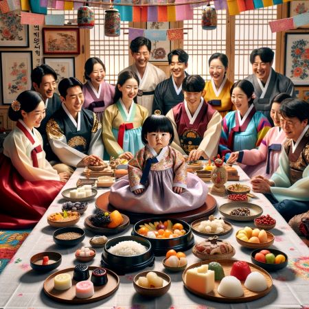 한국의 돌잔치 장면을 그린 그림이다.