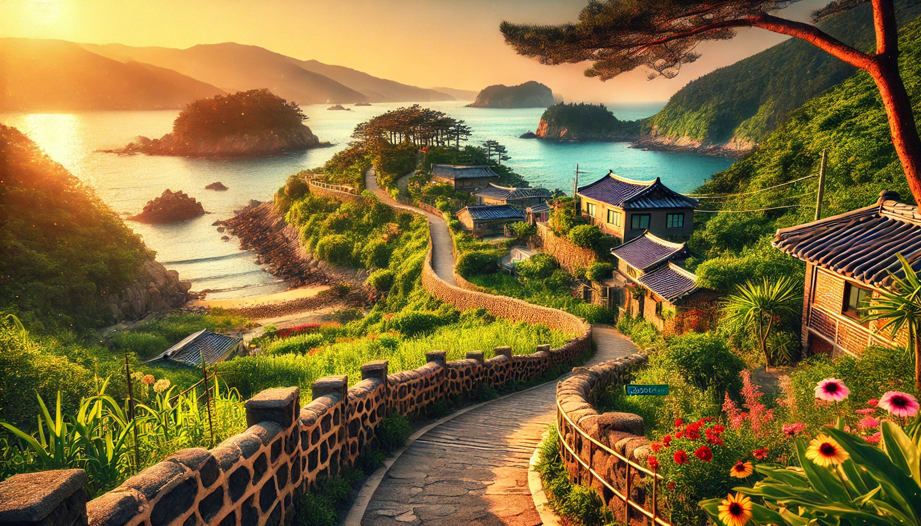 전라남도 청산도의 주요 관광 명소. 범바위길의 구불구불한 돌담과 탁 트인 바다 전망, 도락리 돌담길의 고즈넉한 분위기, 그리고 슬로길의 푸른 산책로와 만개한 꽃들이 어우러진 아름다운 풍경.
