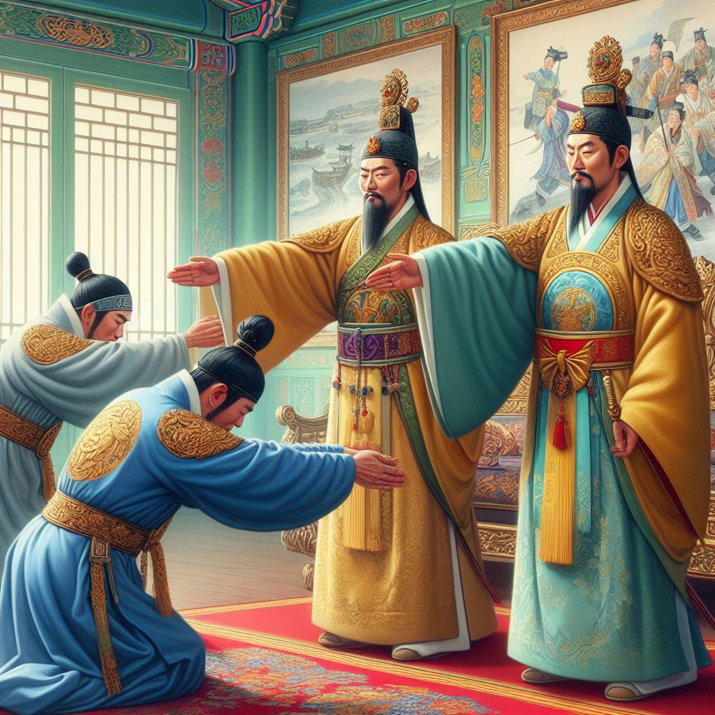조선의 왕 인조가 청나라 황제 홍타이지에게 삼궤구고두례를 하는 모습