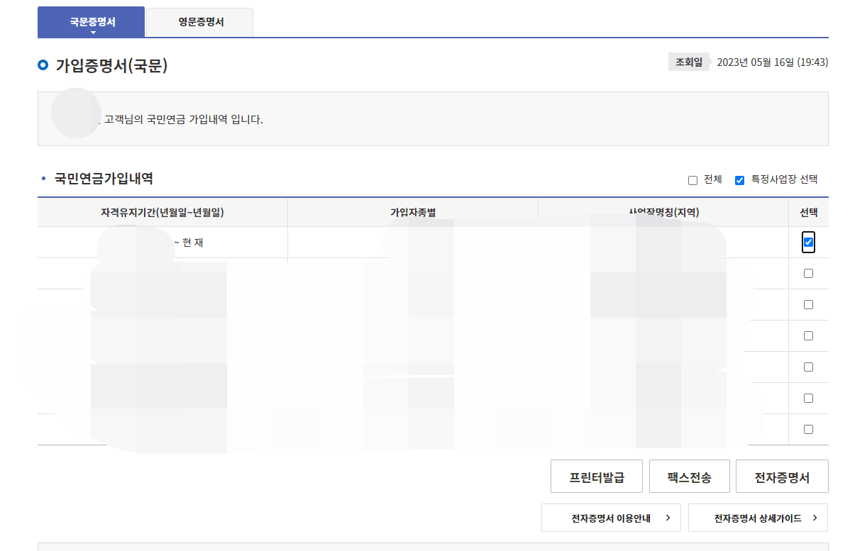 국민연금-가입증명서-선택화면