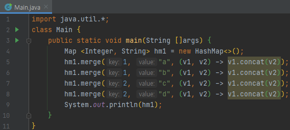 java map merge 메소드 : 키 값에 대해 여러 value 값이 나올 때 값을 조합한다.