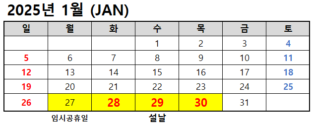 2025년 1월 달력