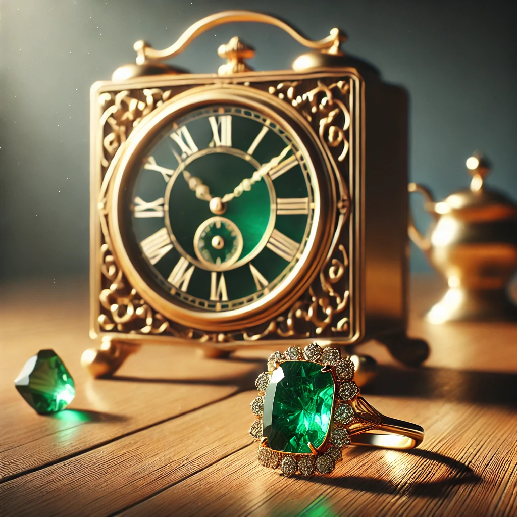 DALL·E 2024-11-26 23.20.44 - An elegant setup featuring a golden desk clock with intricate vintage details, placed on a polished wooden surface, alongside a stunning emerald ring .webp