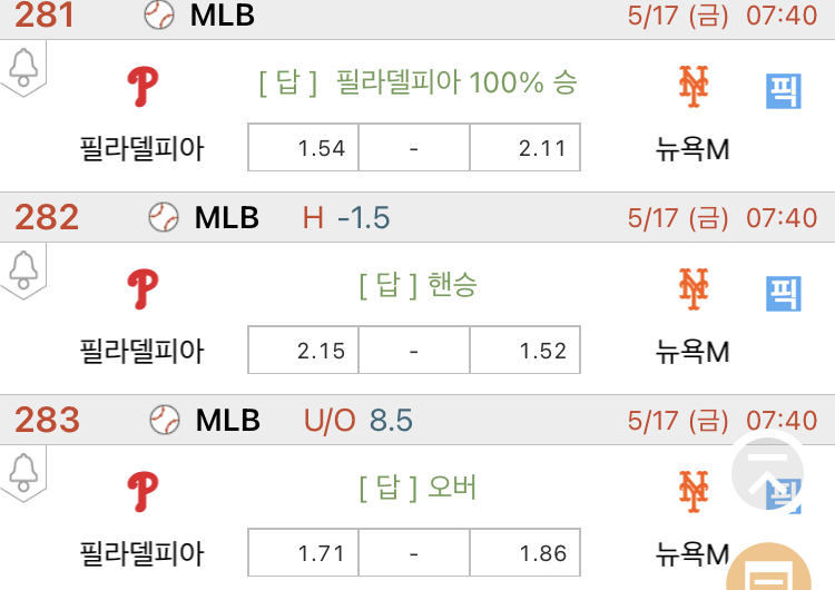 [진짜총판] 5월17일 필라델피아 VS 뉴욕메츠 야구분석