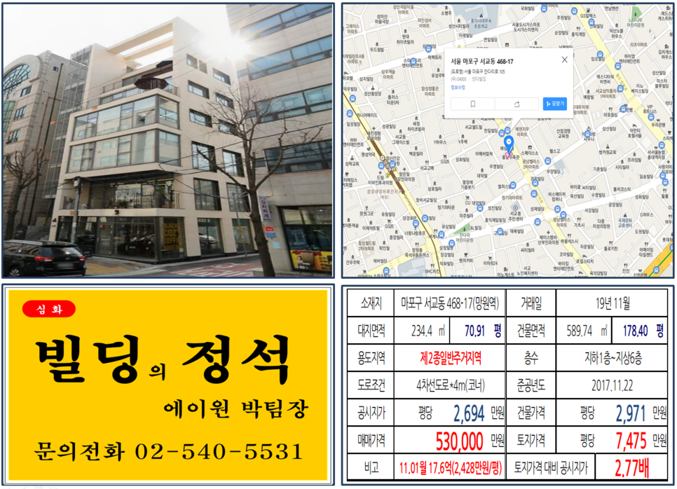  [마포구 신축코너빌딩 실거래가 조회] 서교동 468-17 (망원역) 53억 원, 평당 7,475만 원, 망원역세권, 4차선코너빌딩, 출판문화특구