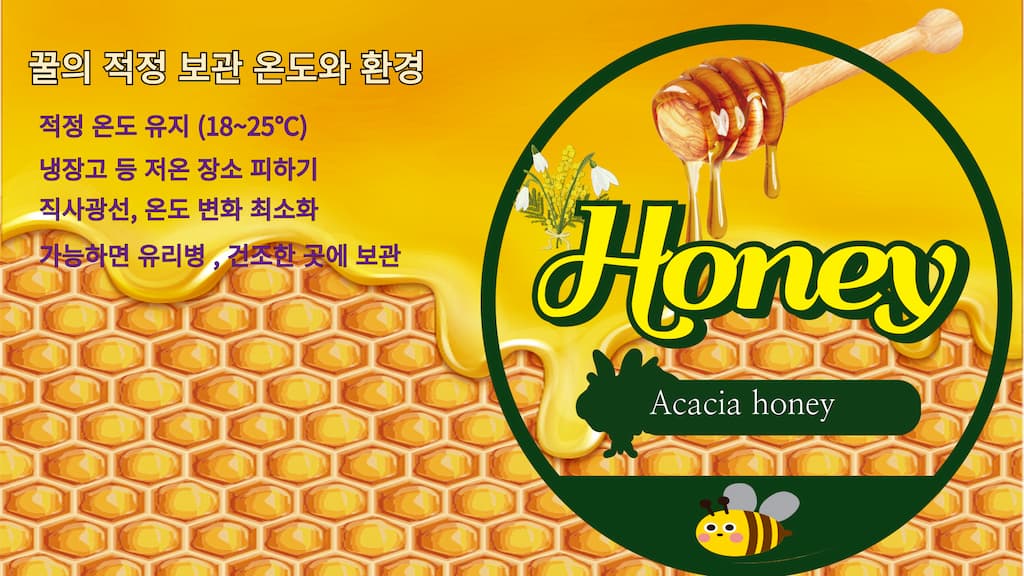 노란 벌집 배경 위에 꿀 보관 방법과 적정 온도 정보가 적혀 있고, 아카시아 꿀 라벨과 꿀벌 일러스트가 함께 있는 안내 이미지