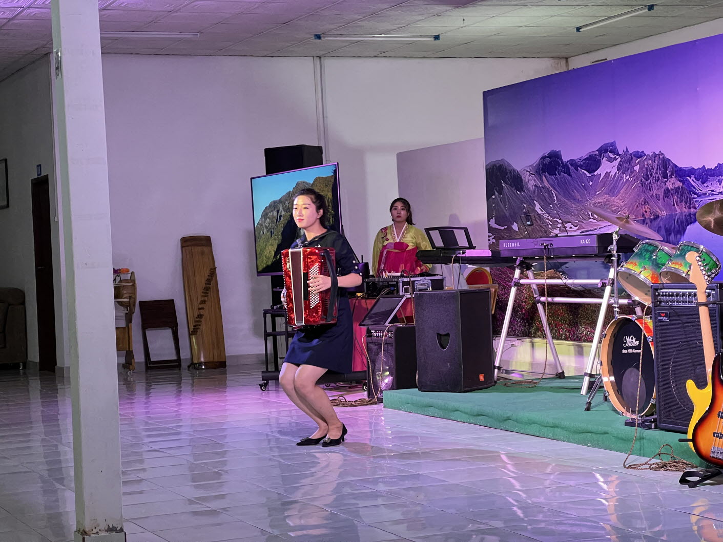 아코디언 연주를 열심히 하는 북한 여성