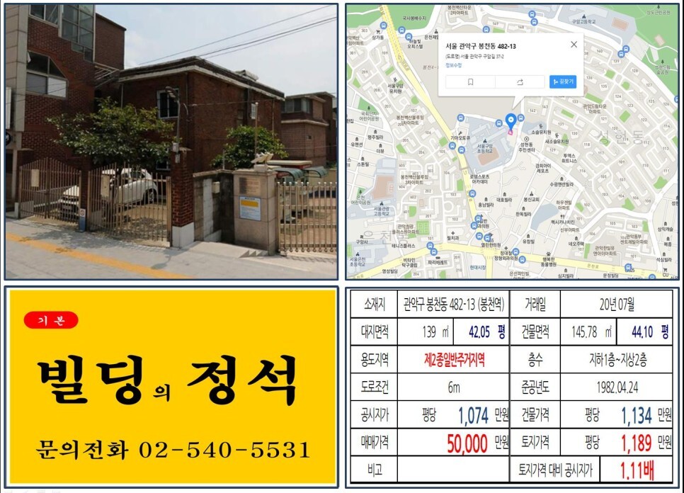  [관악구 봉천동 재개발 5억 꼬마빌딩 실거래가 조회] 봉천동 482-13 (봉천역) 5억 원, 평당 1,189만 원 매매되었습니다.