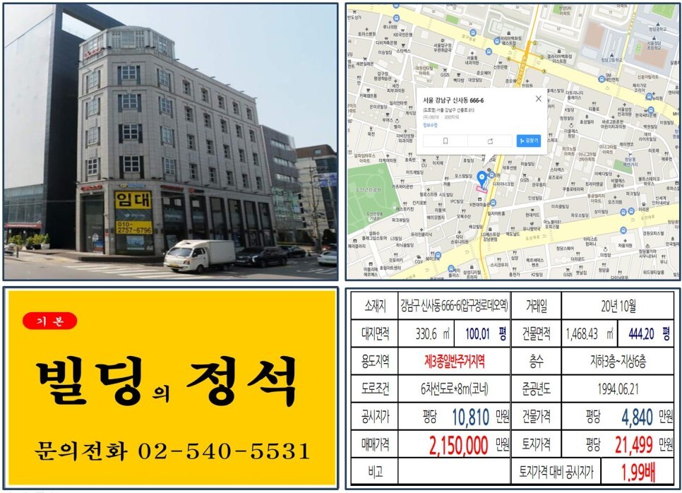 [강남구 압구정로데오 200억 빌딩 실거래가 조회] 신사동 666-6 (압구정로데오역) 215억 원, 평당 2억 1,499만 원 매매되었습니다.