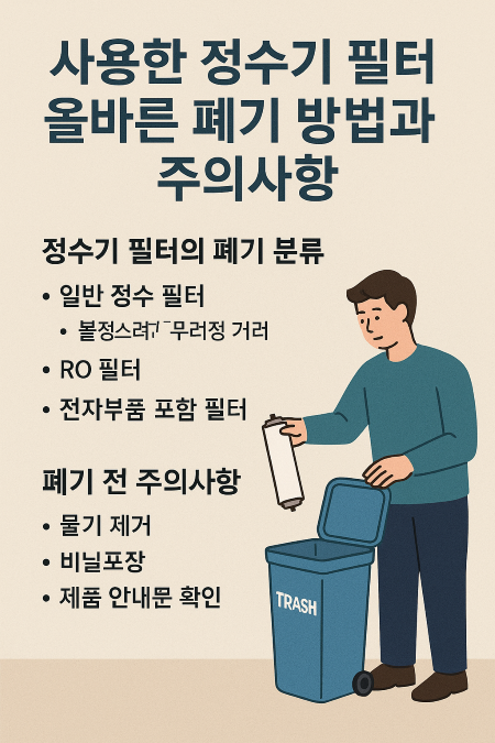 사용한 정수기 필터의 올바른 폐기 방법과 주의사항을 설명하는 한국어 인포그래픽으로, 필터 분류와 주의사항 목록, 그리고 쓰레기통에 필터를 버리는 사람의 일러스트가 포함된 이미지