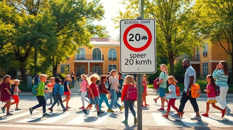 어린이 보호구역 20km/h 속도 제한 표지판과 횡단보도를 건너는 아이들