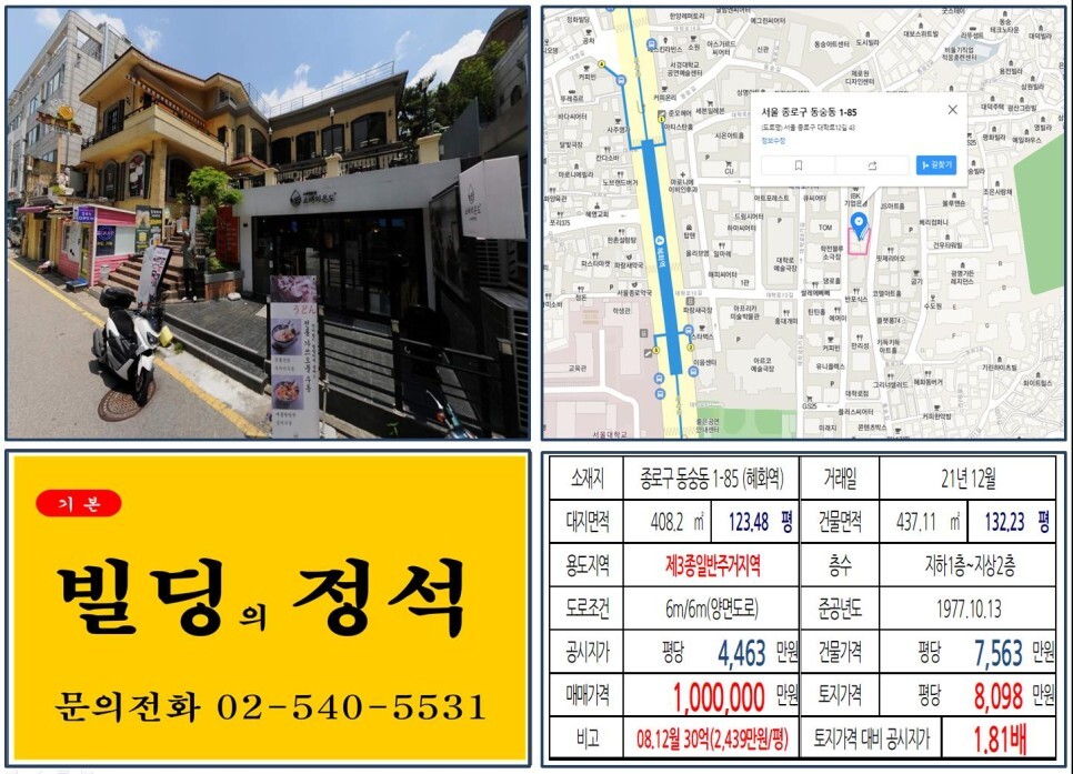 종로구 동숭동 1-85번지 건물이 2021년 12월 매매 되었습니다.