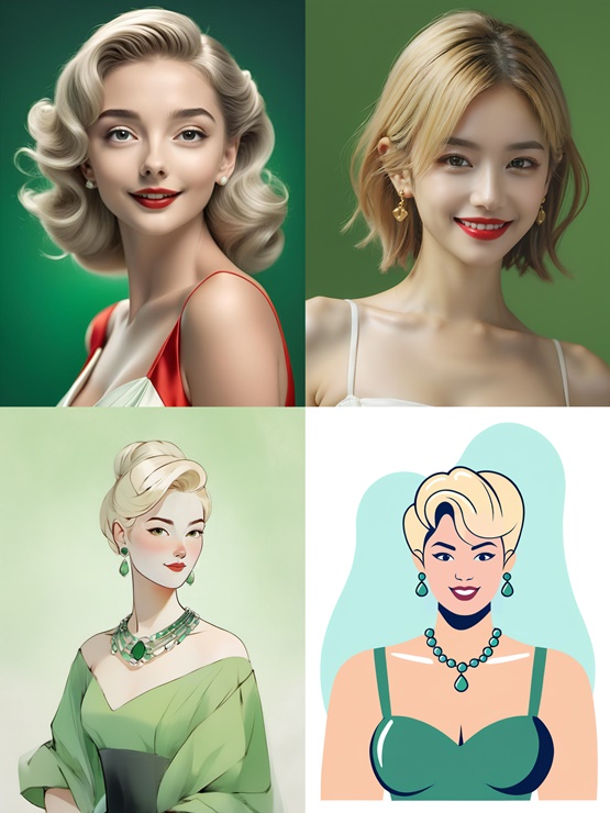 원본, realistic portrait style, elegant modern oriental illustraion, modern minimalist vector illustraion(시계 방향)