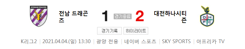  K리그2 / 국내축구 - 전남 VS 대전 (1 - 2) 2021시즌 5라운드 하이라이트 (2021년 4월 4일)