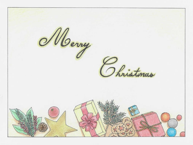 메리 크리스마스 글자에 금색을 입히고 아래 여러가지 크리스마스 소품을 알록달록하게 칠한 완성작