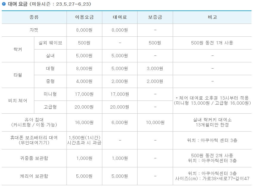 캐리비안-베이-미들시즌-대여-요금표