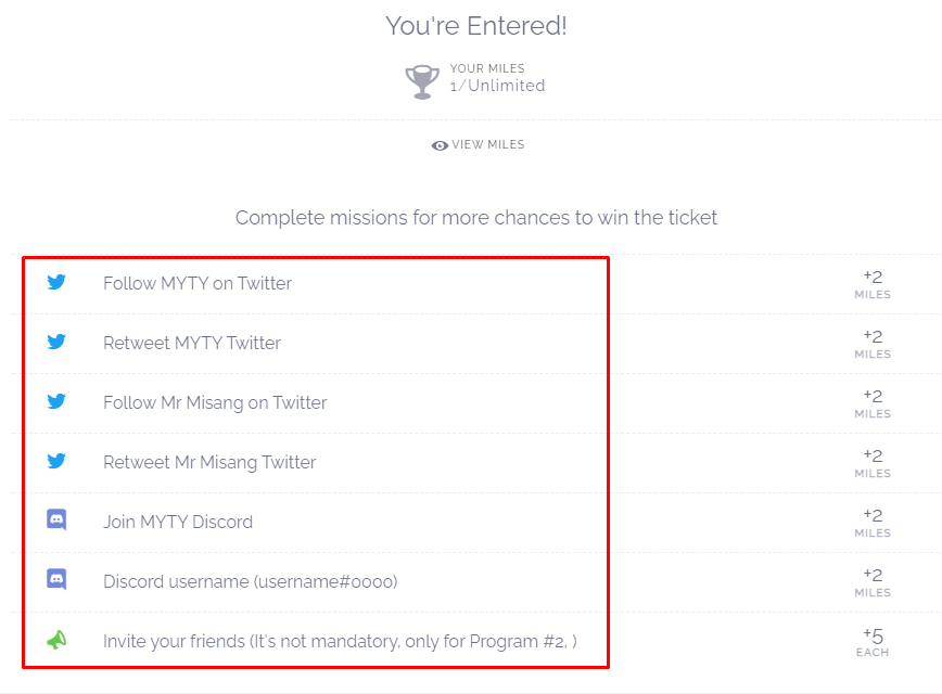마일리지를 받기 위해 수행해야 하는 미션들 Follow&#44; 리트윗&#44; 디스코드 가입 등등