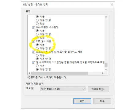 인터넷옵션 XSS필터 사용여부