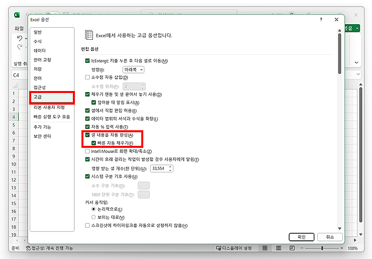 excel-옵션-창-에서-고급-탭-선택