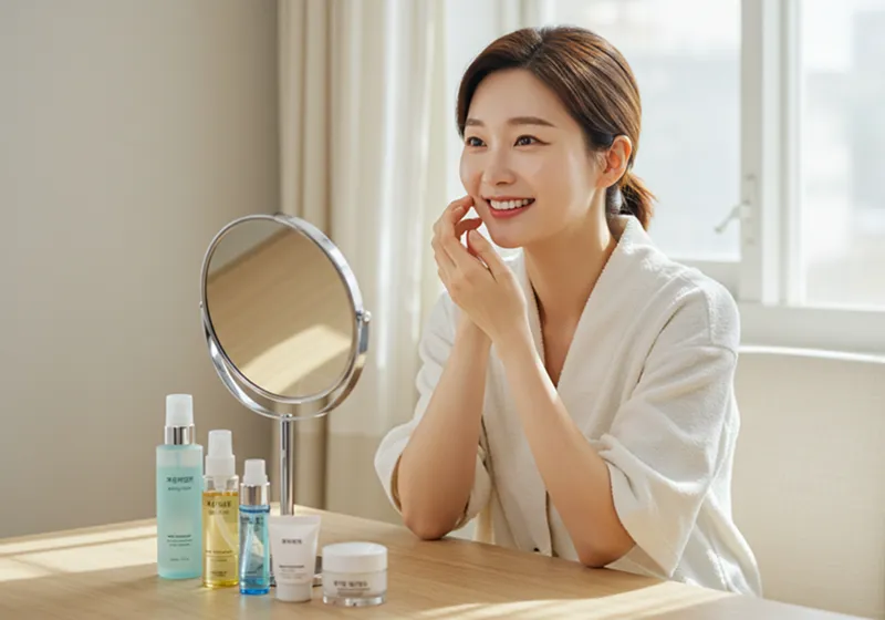 한 여성이 거울 앞에서 자신의 피부 상태를 확인하며 미소 짓고 있다. 화장대 위에는 토너, 앰플, 크림, 선크림 등 최소한의 화장품만 정돈되어 있다. 창밖으로는 햇살이 들어오고 있다.