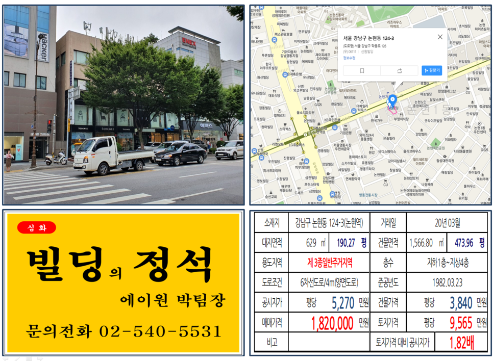  [강남구 논현가구거리 가구점빌딩 실거래가 조회] 논현동 124-3 (논현역) 182억 원, 평당 9,565만 원, 논현역 논현가구거리 대로변 빌